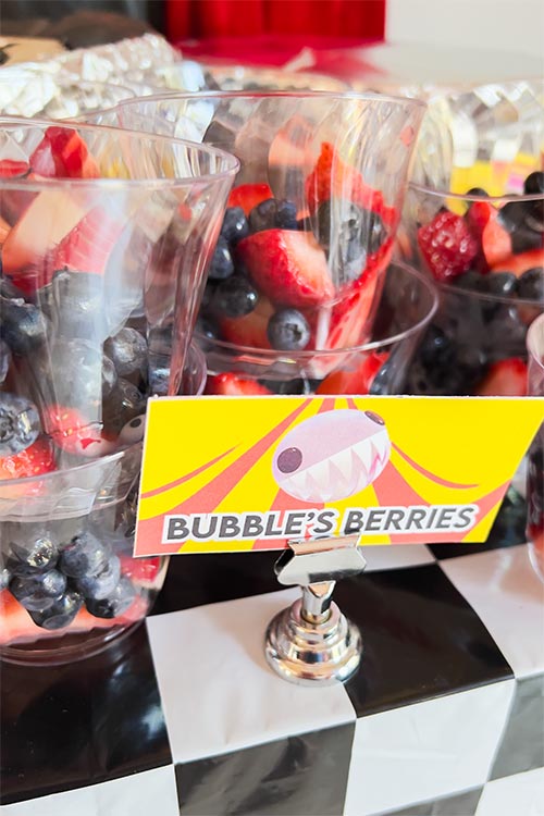several cups of berries labeled Bubble's Berries