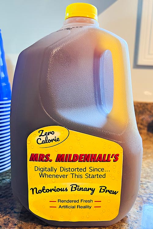 tea jug with custom Mrs. Mildenhall's label