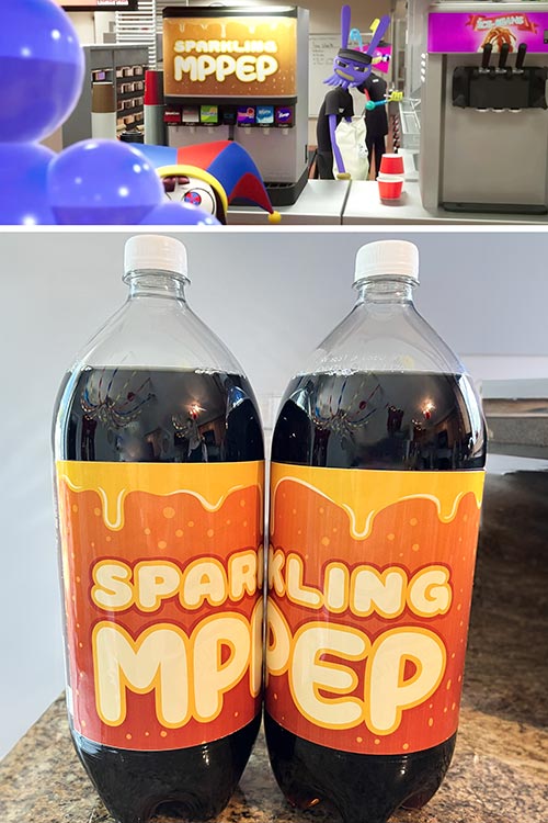 split image of TADC screenshot at Spudsy's and two-liters labeled Sparkling MPPEP