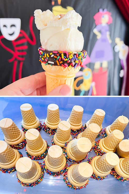 split image of an ice cream cone and a bin full of similar chocolate-dipped cones