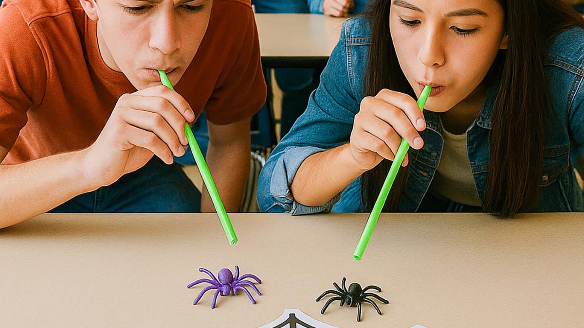 teens blowing plastic spiders with straws