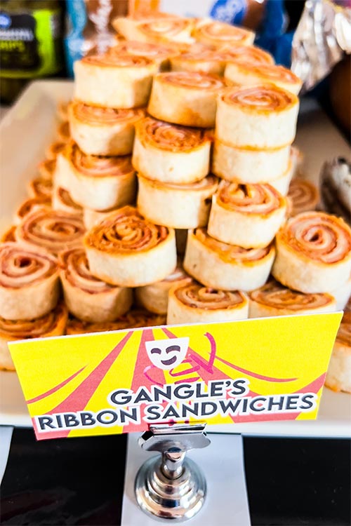 tray of Italian-style pinwheel sandwiches labeled Gangle's Ribbon Sandwiches