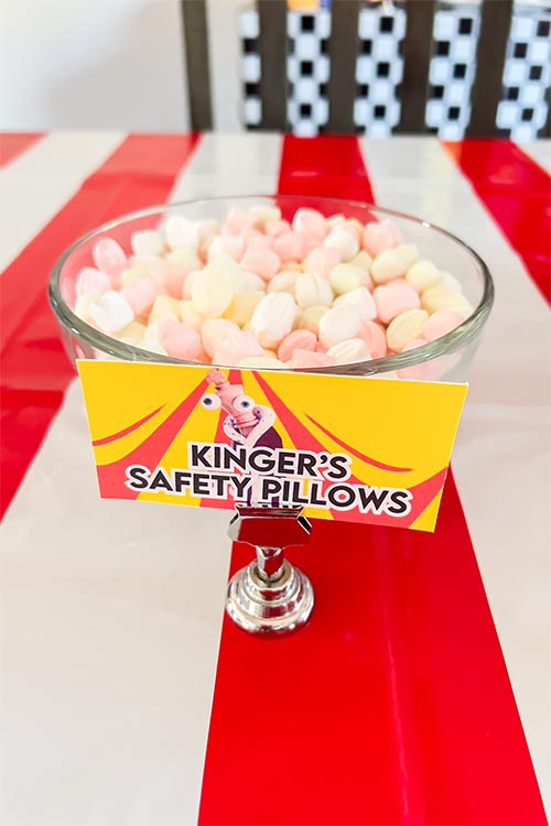 bowl of after-dinner mints labeled Kinger's Safety Pillows