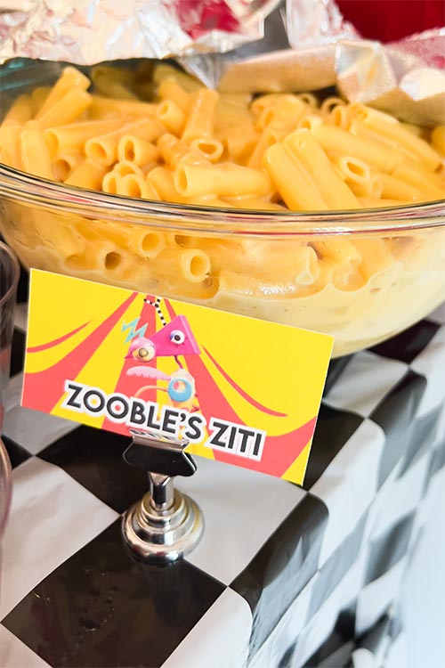 bowl of cheesy ziti labeled Zooble's Ziti