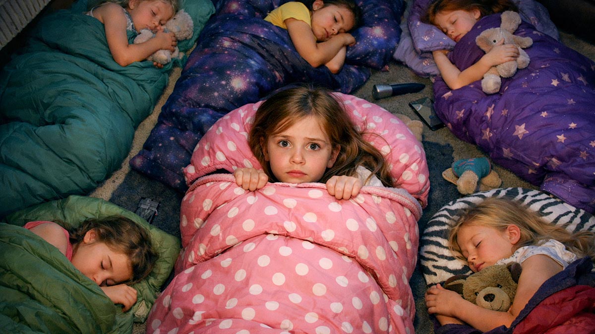 Child lying awake in a pink sleeping bag, surrounded by other children asleep in sleeping bags at a sleepover.