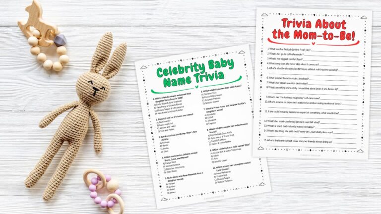 Baby shower trivia printables beside a crochet bunny toy on a white wood background.