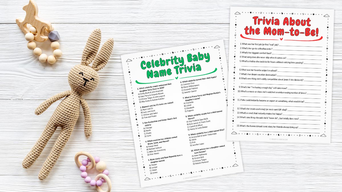 Baby shower trivia printables beside a crochet bunny toy on a white wood background.