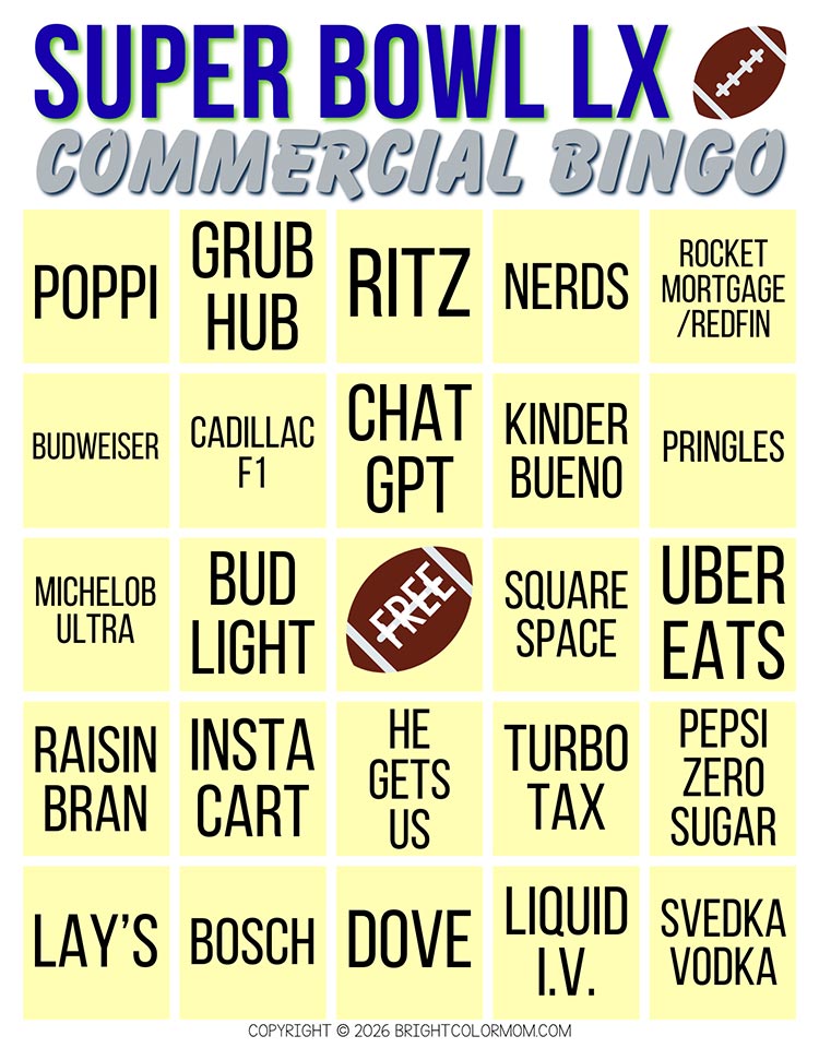 Super Bowl LX commercial bingo card with a 5&times;5 grid of brand names and a football-shaped free space.