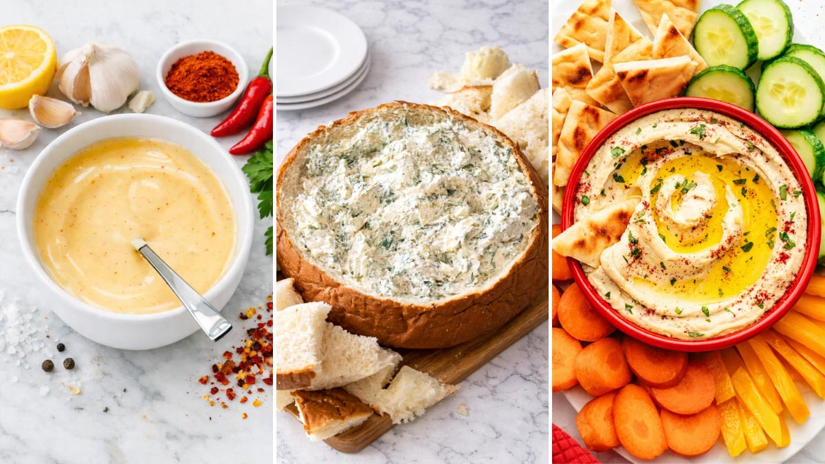 Three cold dips shown side by side: spicy garlic aioli, spinach artichoke dip in a bread bowl, and hummus with vegetables.