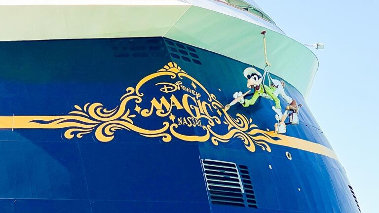 Disney Magic cruise ship exterior with Goofy artwork