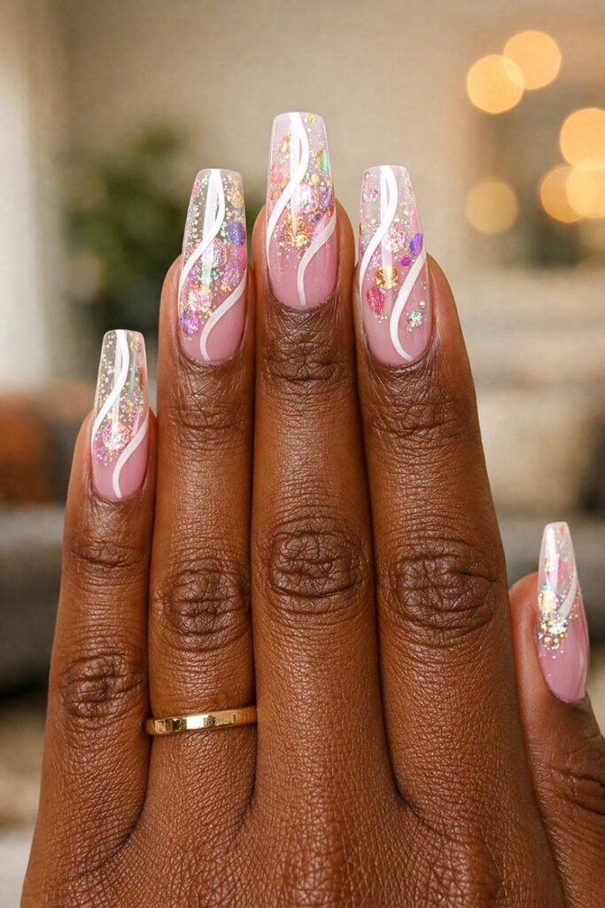 Long pink acrylic nails with glitter and white swirl accents