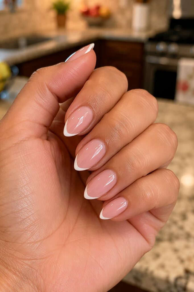 Almond nails with soft pink base and thin white French tips