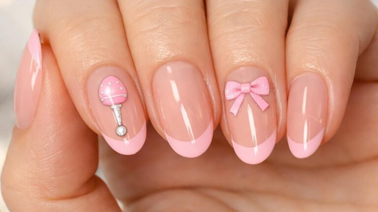 Pink French tip nails with baby shower accents like bow and rattle