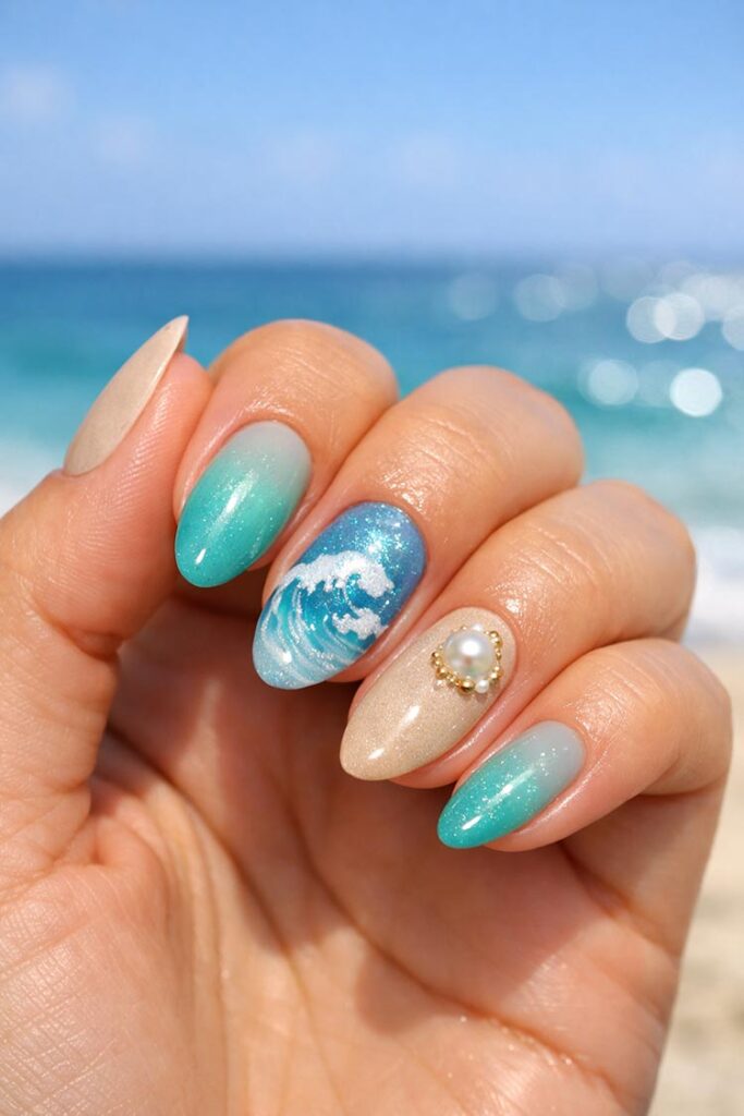 Almond beach nails with turquoise ombre, wave art, and pearl accent
