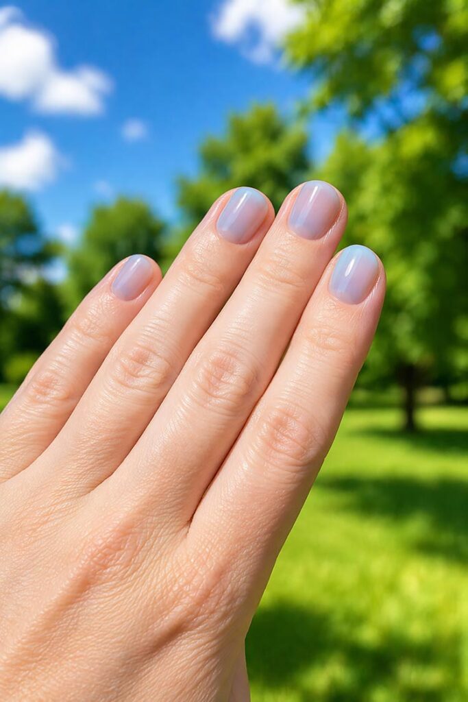 Short natural nails with sheer baby blue jelly polish