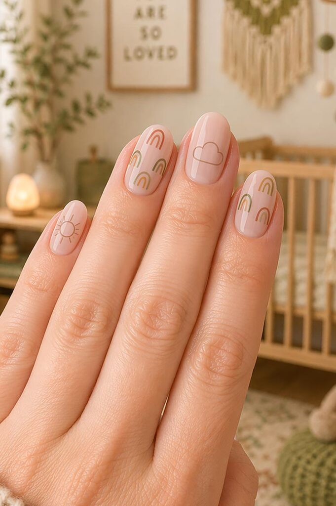 Neutral nails with boho rainbow and sun nail art