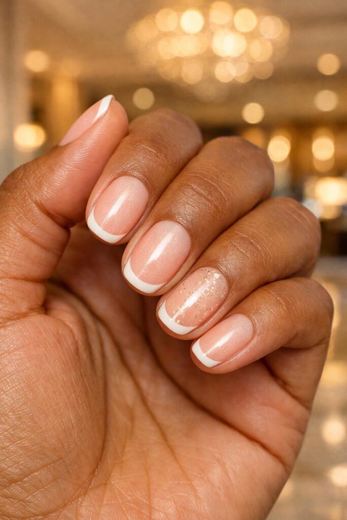 Short French tip nails with nude base and subtle gold glitter accent