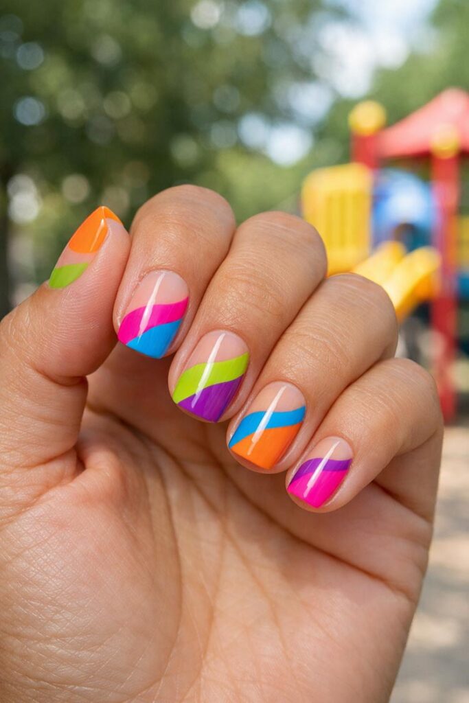 Short nails with diagonal rainbow color blocks in bright summer shades