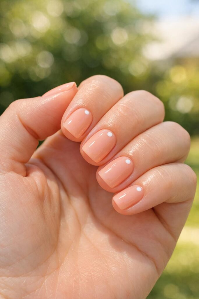 Short peach nails with tiny white dot accents near cuticle