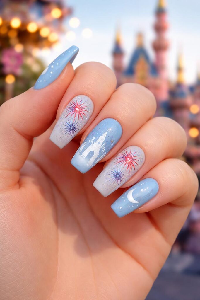 Blue nails with fireworks, castle silhouette, and glitter accents