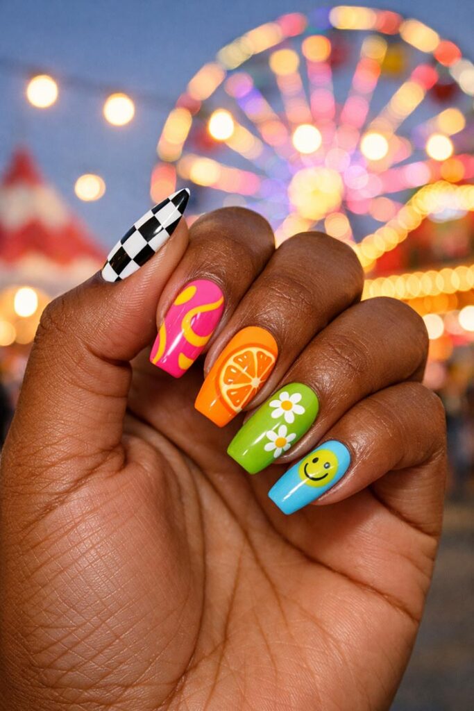 Colorful nails with smiley face, orange slice, and checkerboard design