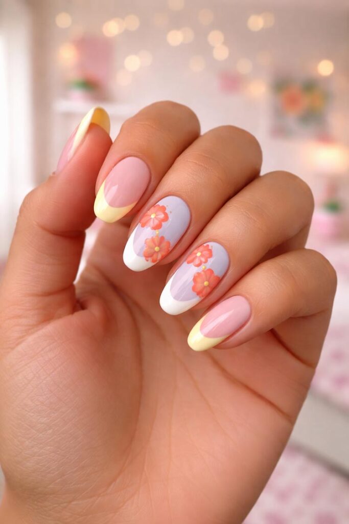 Almond nails with soft pink, pastel tips, and floral accents