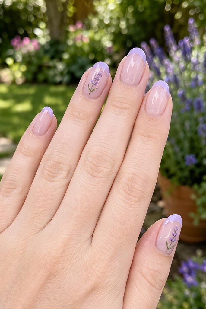 Sheer pink nails with lilac French tips and small floral design