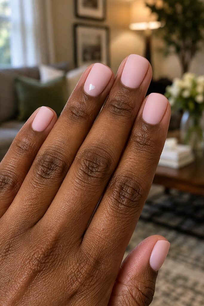 Short soft pink nails with tiny white heart accent