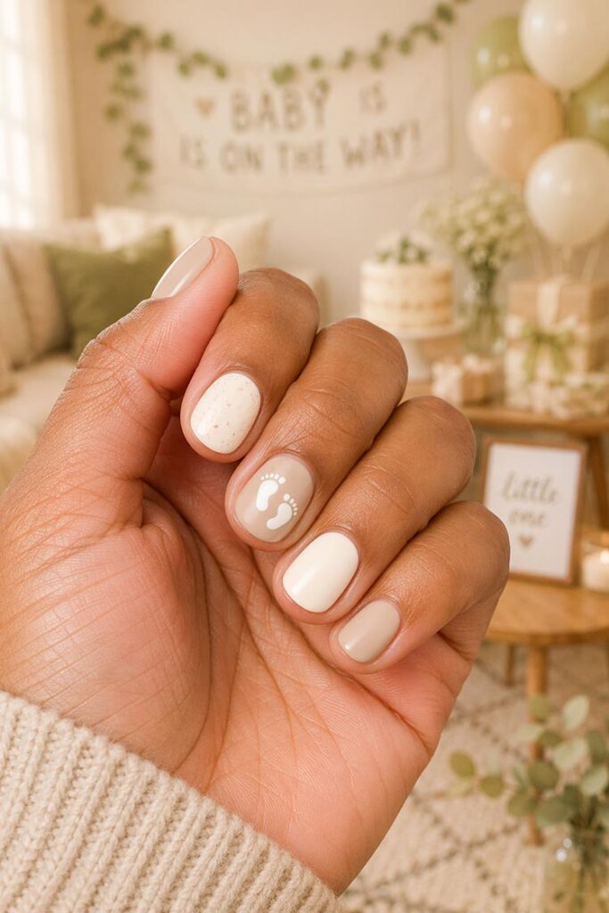 Short beige nails with baby footprint accent design