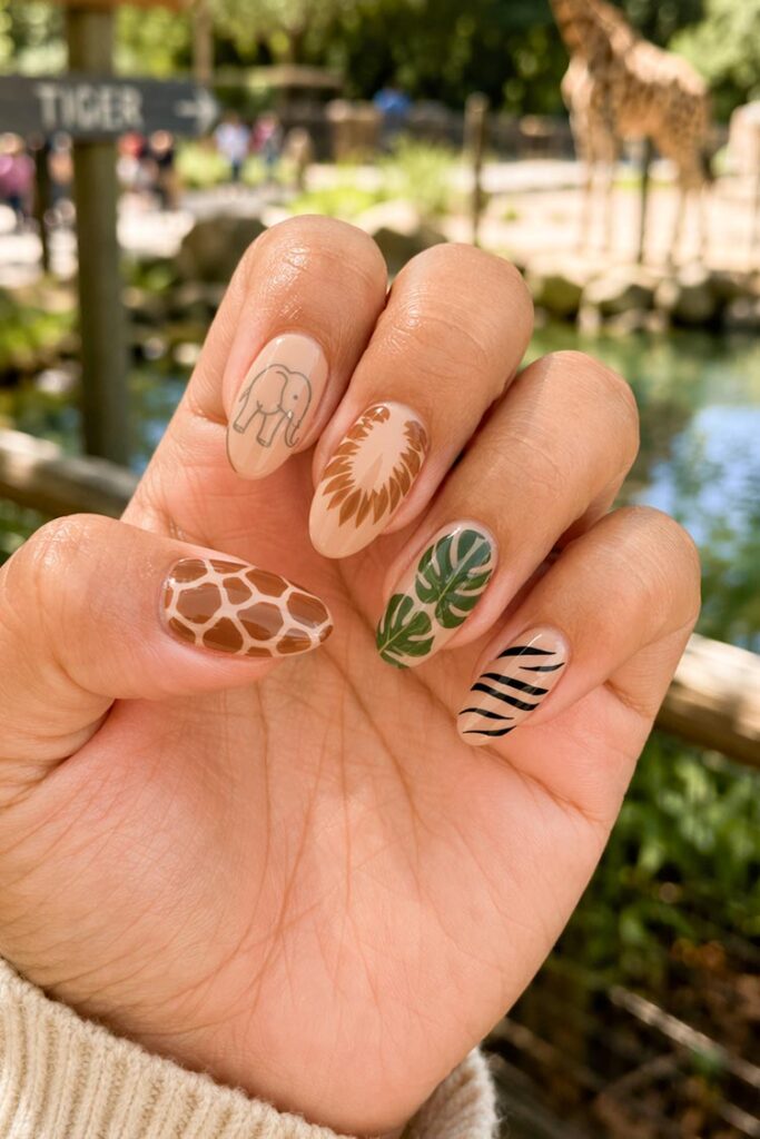 Neutral nails with safari animal and leaf nail art designs