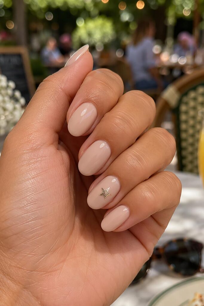 Nude nails with small gold star accent on one finger
