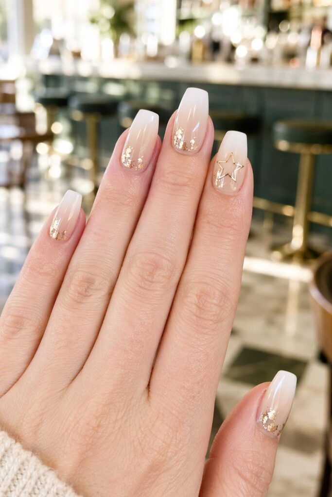 Nude ombre nails with gold foil accents and star detail