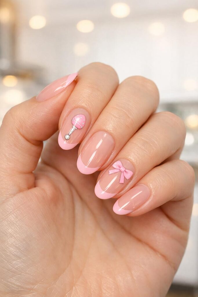 Pink French tip nails with bow and baby rattle design