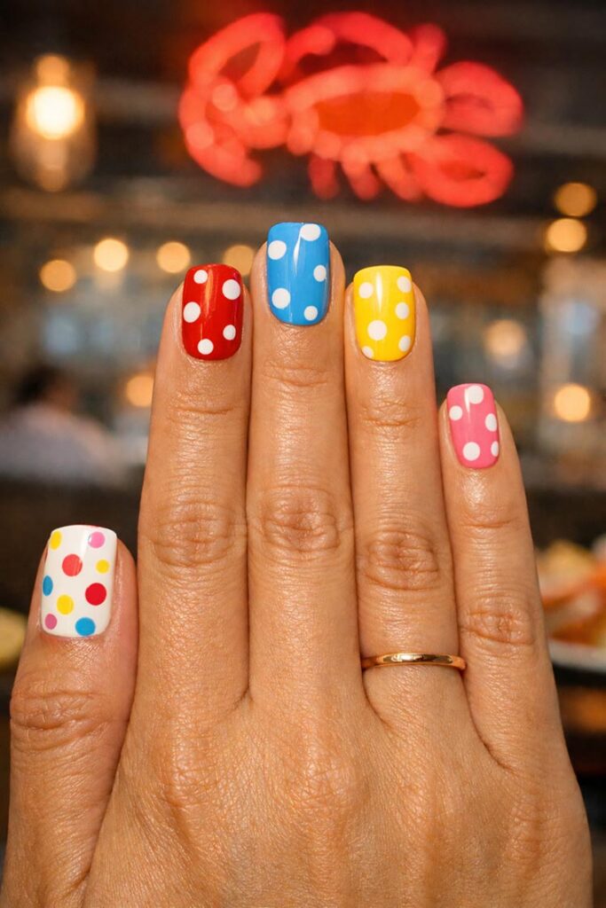 Short colorful nails with white and multicolor polka dot patterns