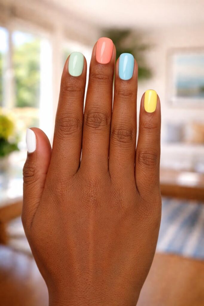 Short nails in pastel colors including blue, yellow, and coral