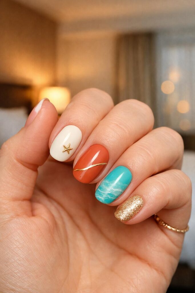 Short neutral nails with starfish charm and subtle ocean tones