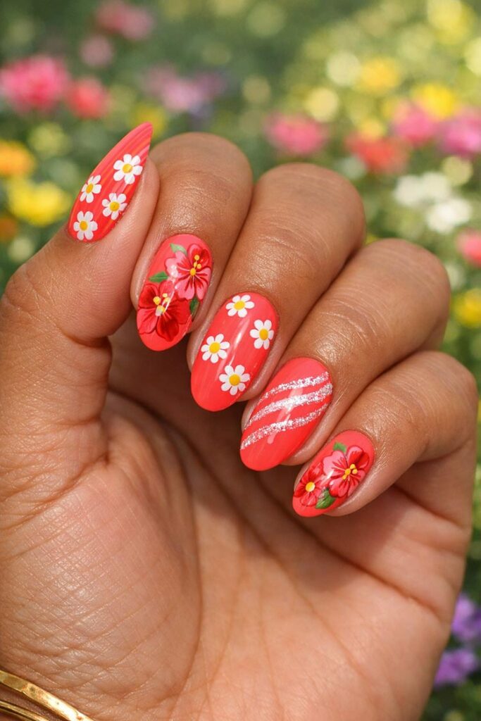Bright coral nails with hand-painted flowers and white daisies