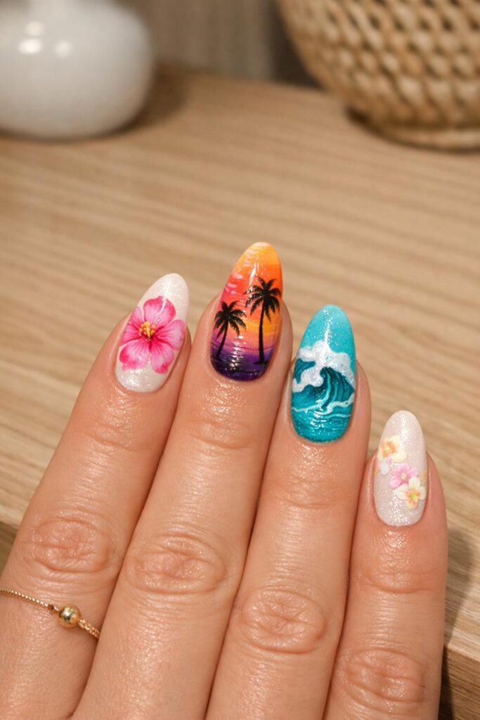 Tropical nails with sunset gradient, palm trees, and hibiscus flowers