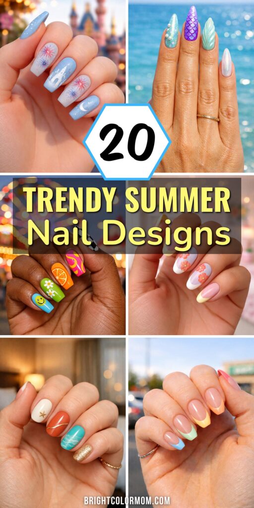 Collage of trendy summer nail designs in bright and pastel styles