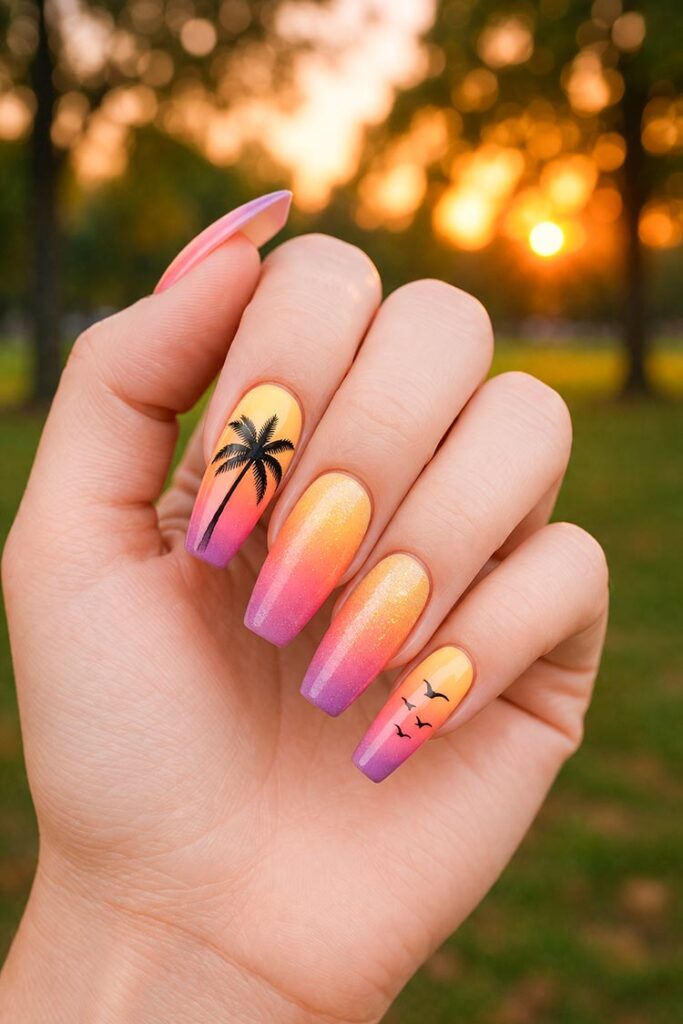Long ombre nails with sunset gradient, palm trees, and birds