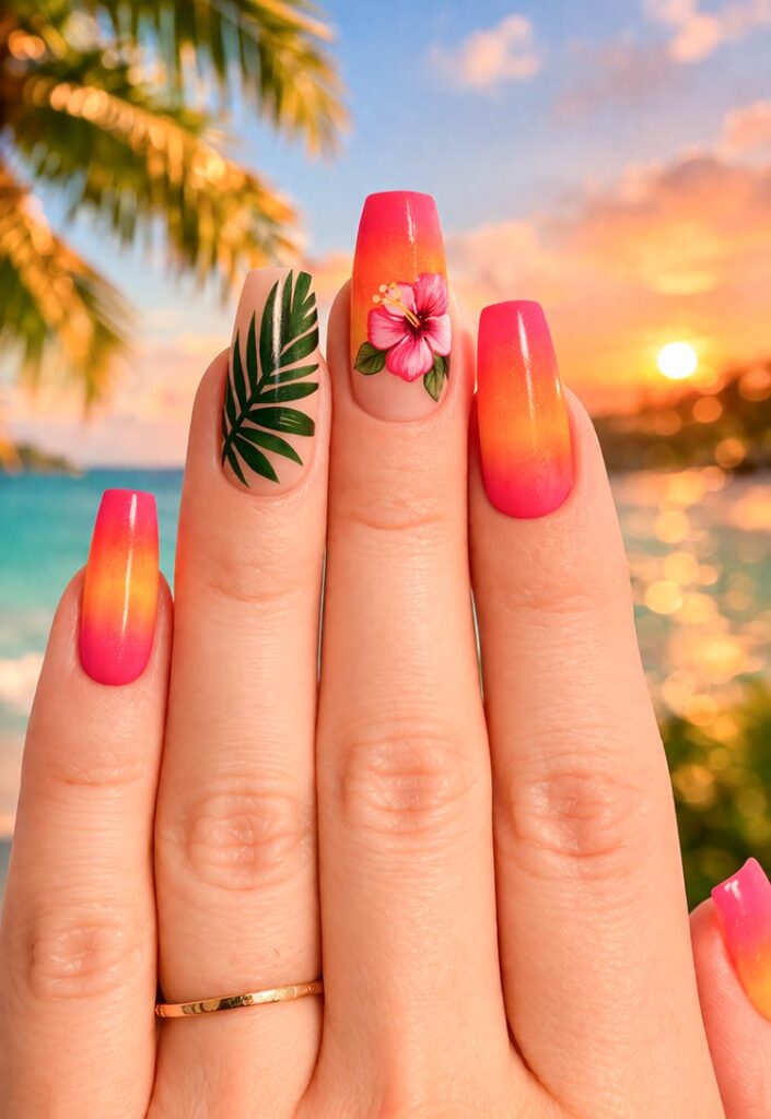 Tropical sunset nails with pink-orange ombre, palm leaf, and hibiscus flower design