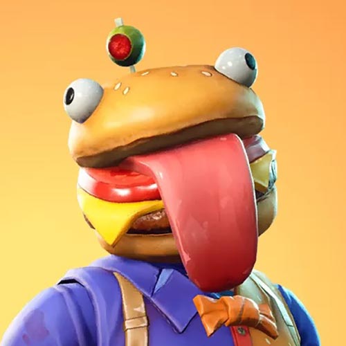 Fortnite Beef Boss character close-up with burger head and tongue out