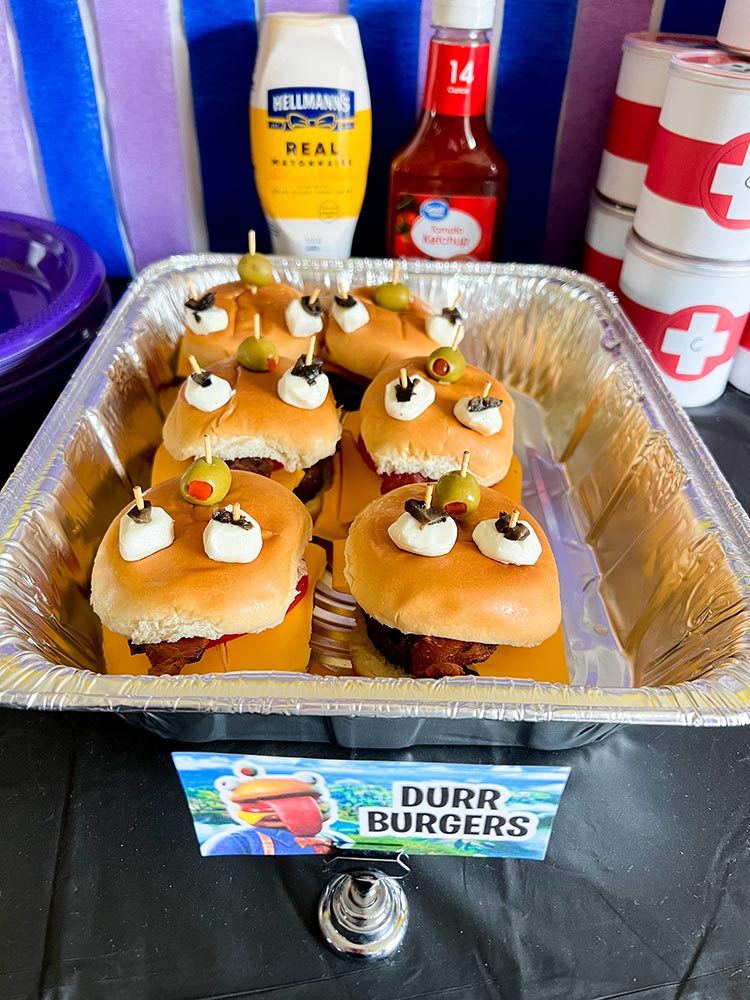 Fortnite Durr Burger sliders with olive eyes and bacon tongue