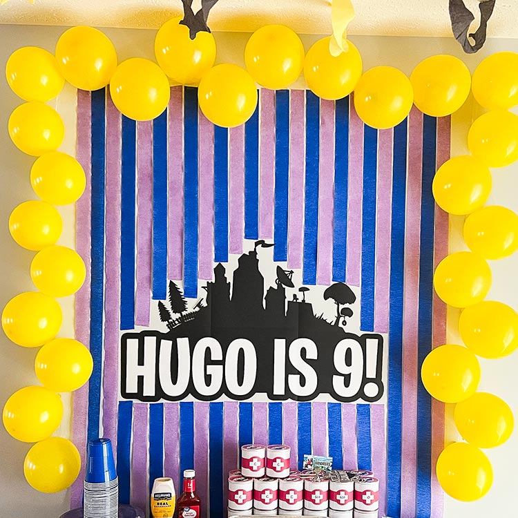 Fortnite birthday backdrop with balloons and Hugo is 9 sign