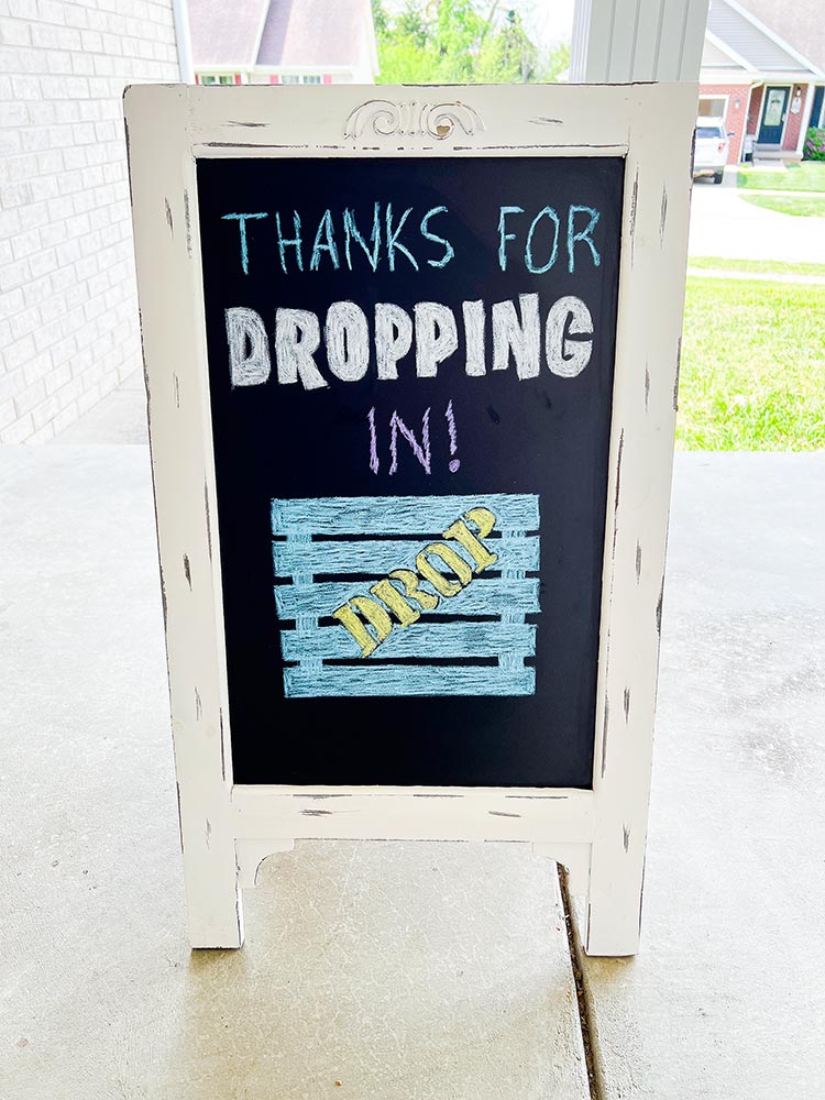 Fortnite party chalkboard sign saying thanks for dropping in