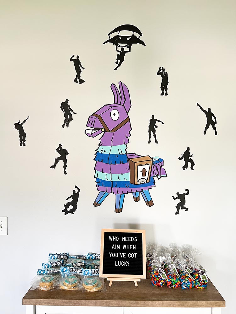 Fortnite Loot Llama wall decor above party favor table with cookies