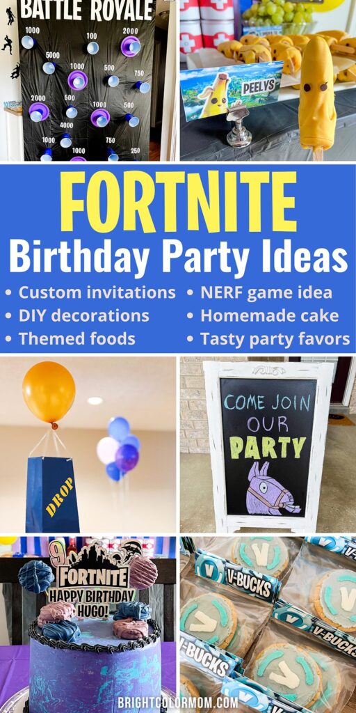 Fortnite birthday party ideas collage with games, food, decor, and cake
