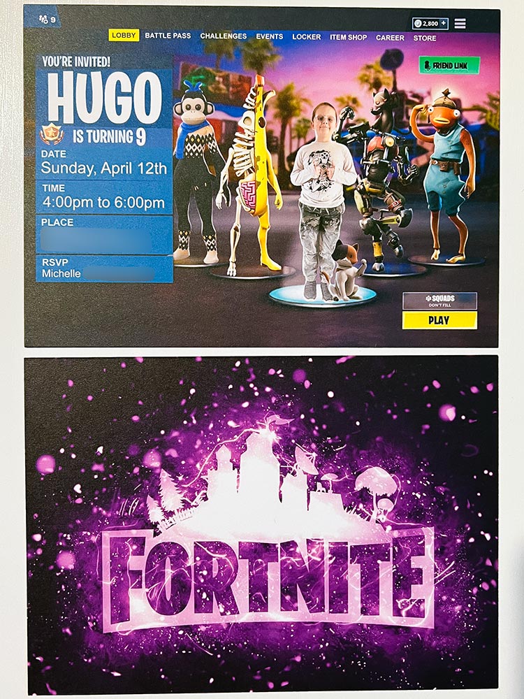 Custom Fortnite birthday party invitation with child and characters