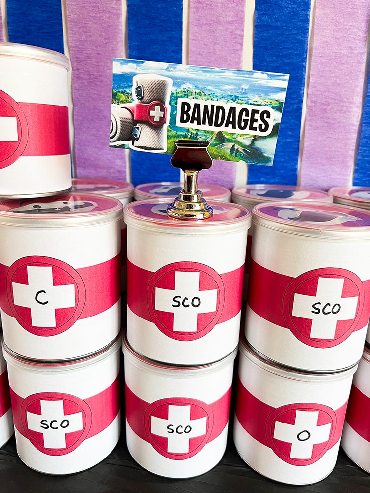 Fortnite Bandages snack cans with red cross labels on display