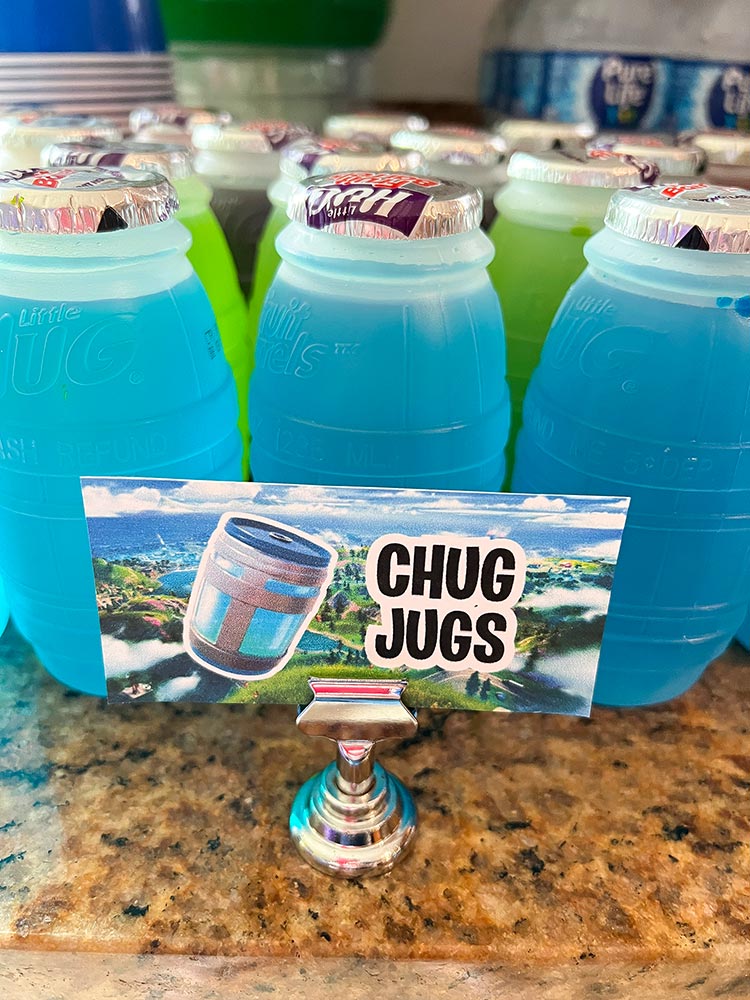 Fortnite Chug Jugs party drinks with blue and green juice bottles